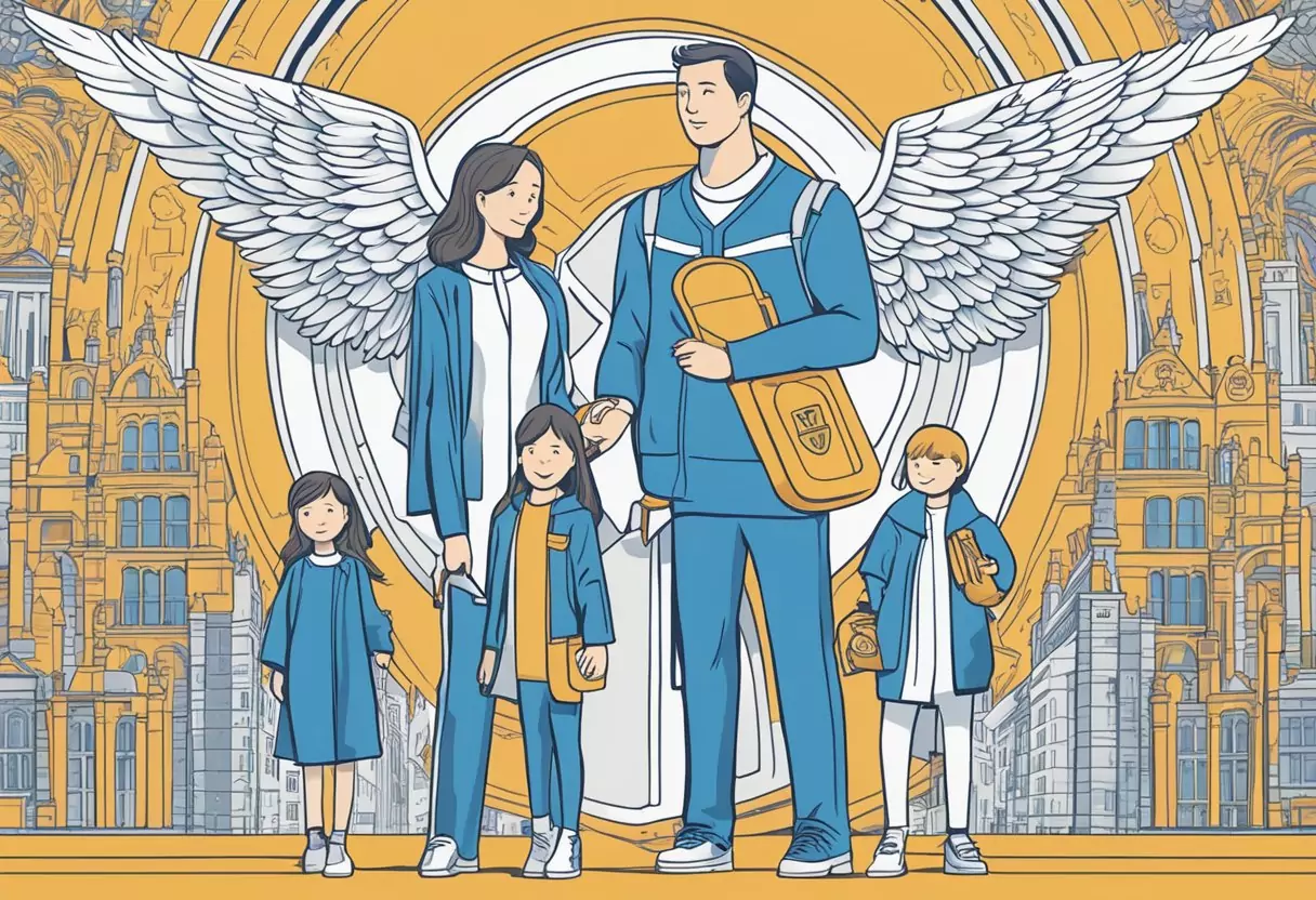 Eine Familie, die zusammensteht, umgeben von Symbolen für Schutz und Sicherheit, wie einem Schild und einem Schutzengel, die die Vorteile der Allianz Risikolebensversicherung darstellen.