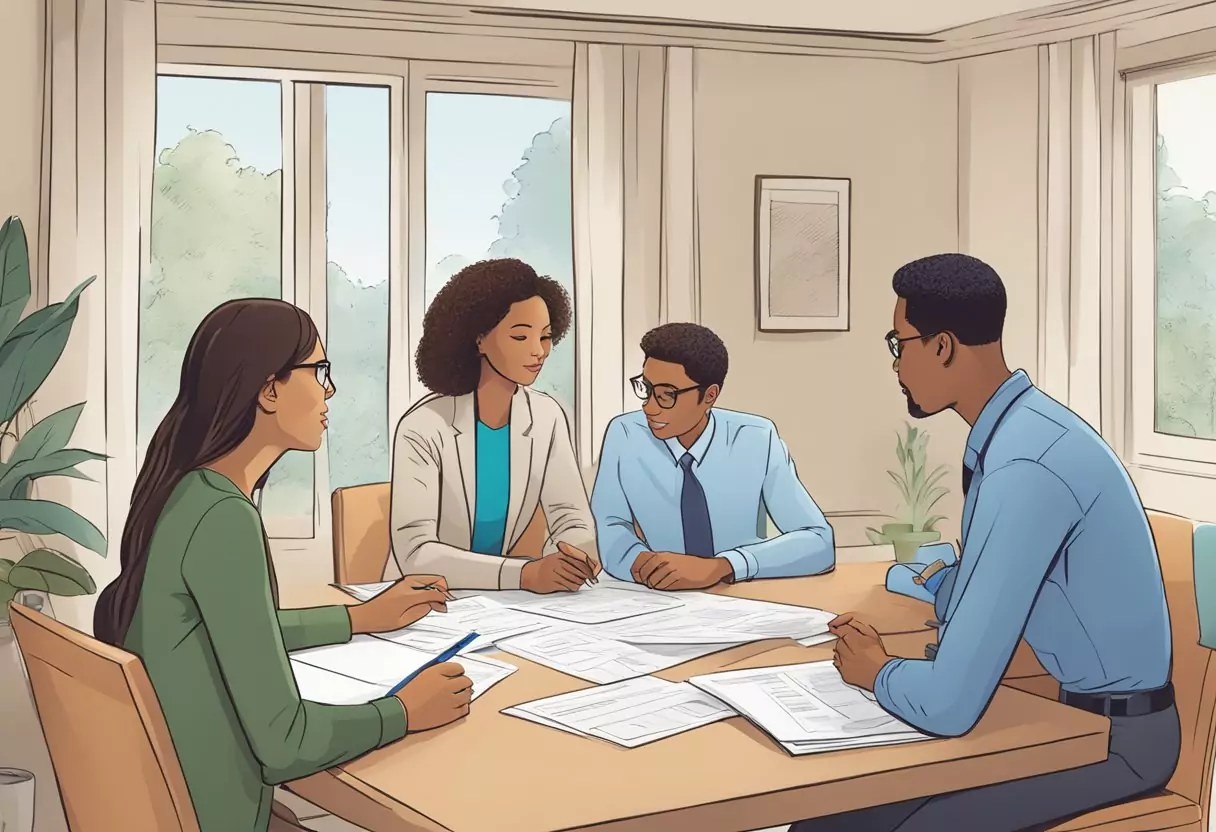 Eine Familie sitzt an einem Tisch und bespricht Lebensversicherungsoptionen mit einem Vertreter von Allianz. Der Vertreter zeigt auf ein Diagramm, das verschiedene Policenlaufzeiten und Kündigungsoptionen detailliert.