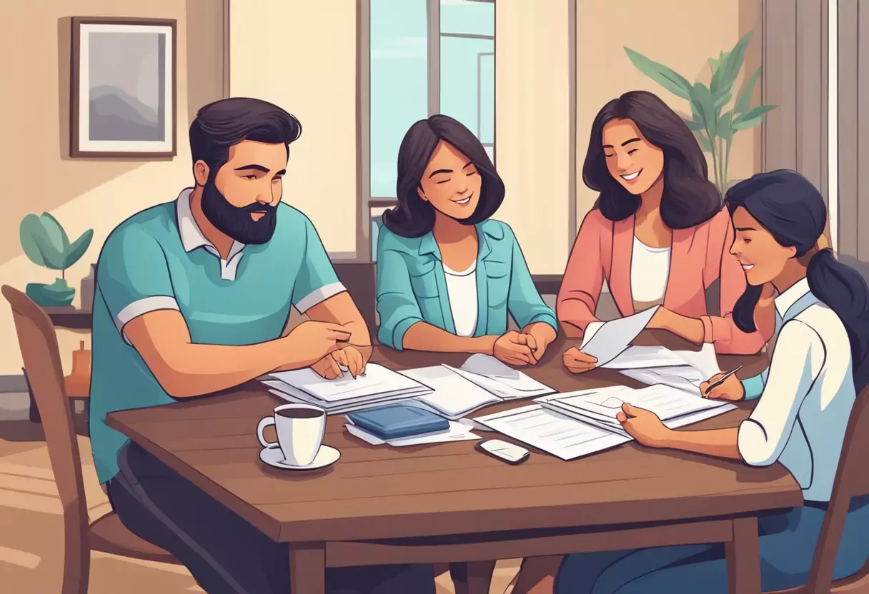 Ein Tisch mit einer Vielzahl von Versicherungsdokumenten, umgeben von einem Taschenrechner, einem Stift und einer Tasse Kaffee.