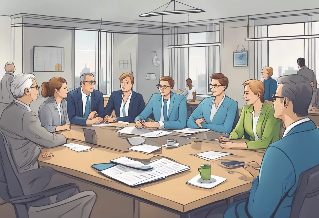 Ein Tisch mit verschiedenen Versicherungsoptionen und -erweiterungen, umgeben von einer Gruppe von Menschen, die die Allianz Risikolebensversicherung diskutieren und vergleichen.