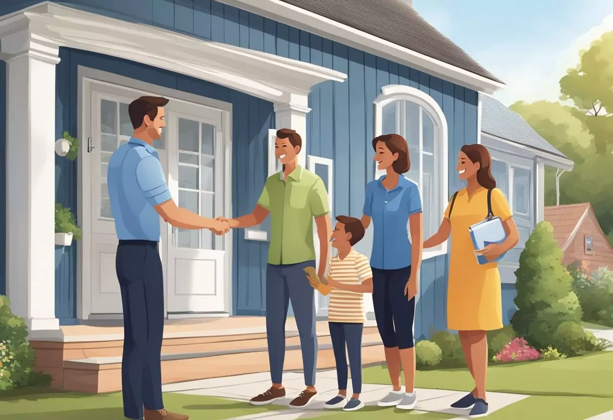 Eine Familie steht vor ihrem Zuhause, lächelt und schüttelt die Hände eines Allianz-Versicherungsagenten, nachdem sie eine Gesundheitsbewertung für eine Risikolebensversicherung abgeschlossen hat.