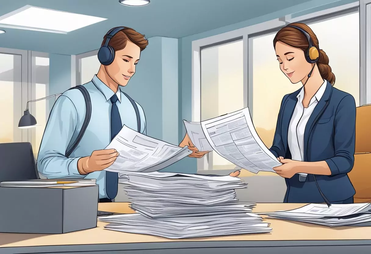 Ein Kundenservicemitarbeiter, der einem Kunden bei einem Versicherungsanspruch bei Allianz hilft, mit Papierkram und Kommunikationsmaterialien auf dem Tisch.