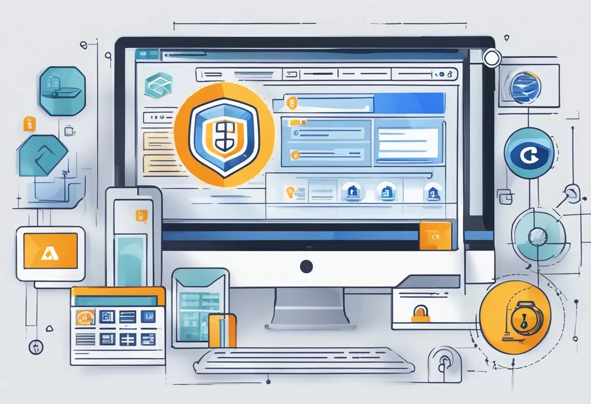 Ein Computerbildschirm, der eine sichere Website mit dem Logo der Allianz Risikolebensversicherung anzeigt, umgeben von digitalen Symbolen, die Online-Dienste und digitale Verwaltung darstellen.