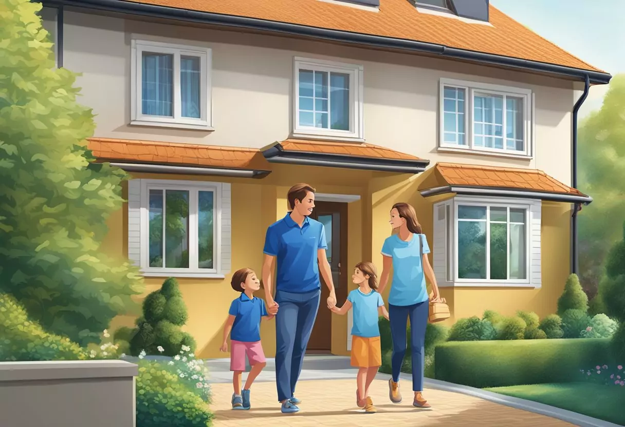 Eine Familie steht vor ihrem Zuhause, mit einem Gefühl von Sicherheit und Frieden, während das Logo der Allianz Risikolebensversicherung prominent angezeigt wird.