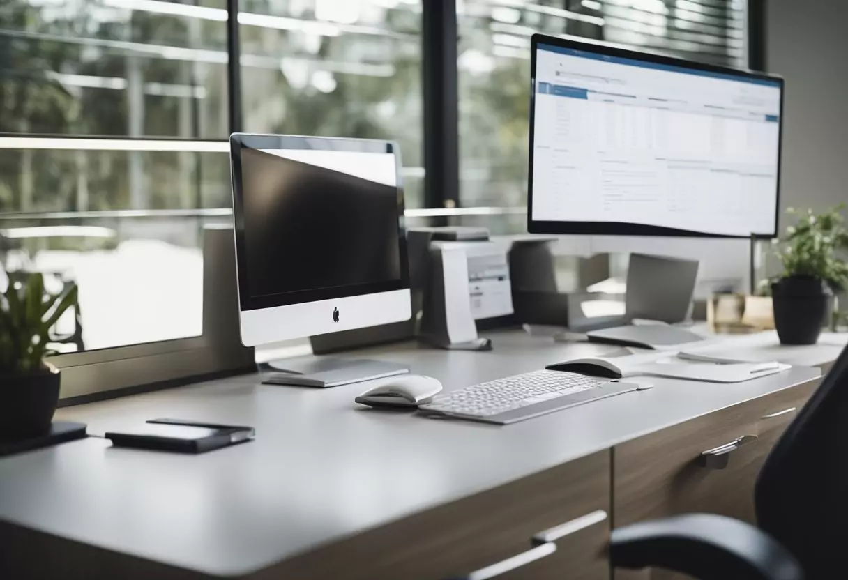 Ein Schreibtisch mit einem Computer und Unterlagen, neben einem medizinischen Untersuchungstisch mit Ausrüstung.