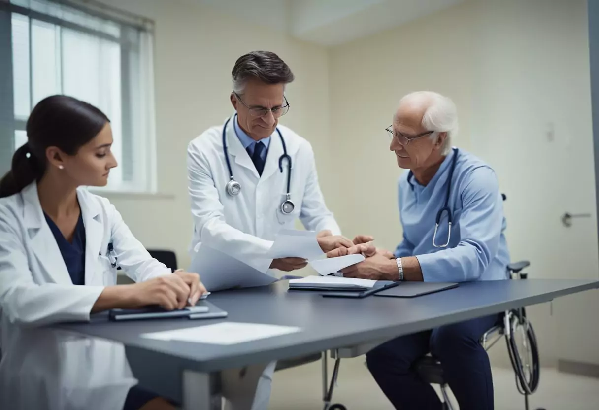 Ein Arzt führt eine Gesundheitsuntersuchung bei einem Patienten durch, während Versicherungsdokumente für Invalidität oder Berufsunfähigkeit unterschrieben werden.