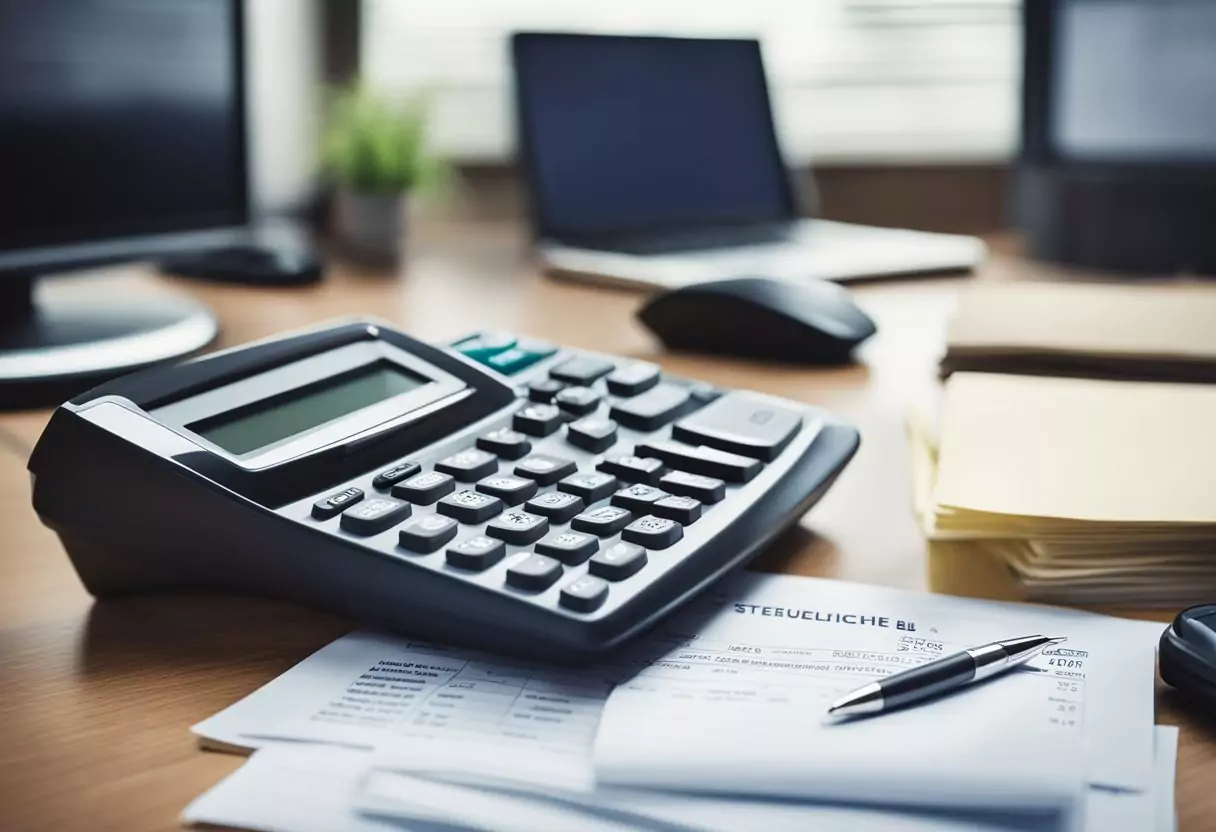 Ein Schreibtisch mit einem Computer, einem Taschenrechner und Papierkram. Ein Stapel Dokumente mit der Aufschrift "Steuerliche Aspekte BU oder AU" liegt auf dem Schreibtisch.