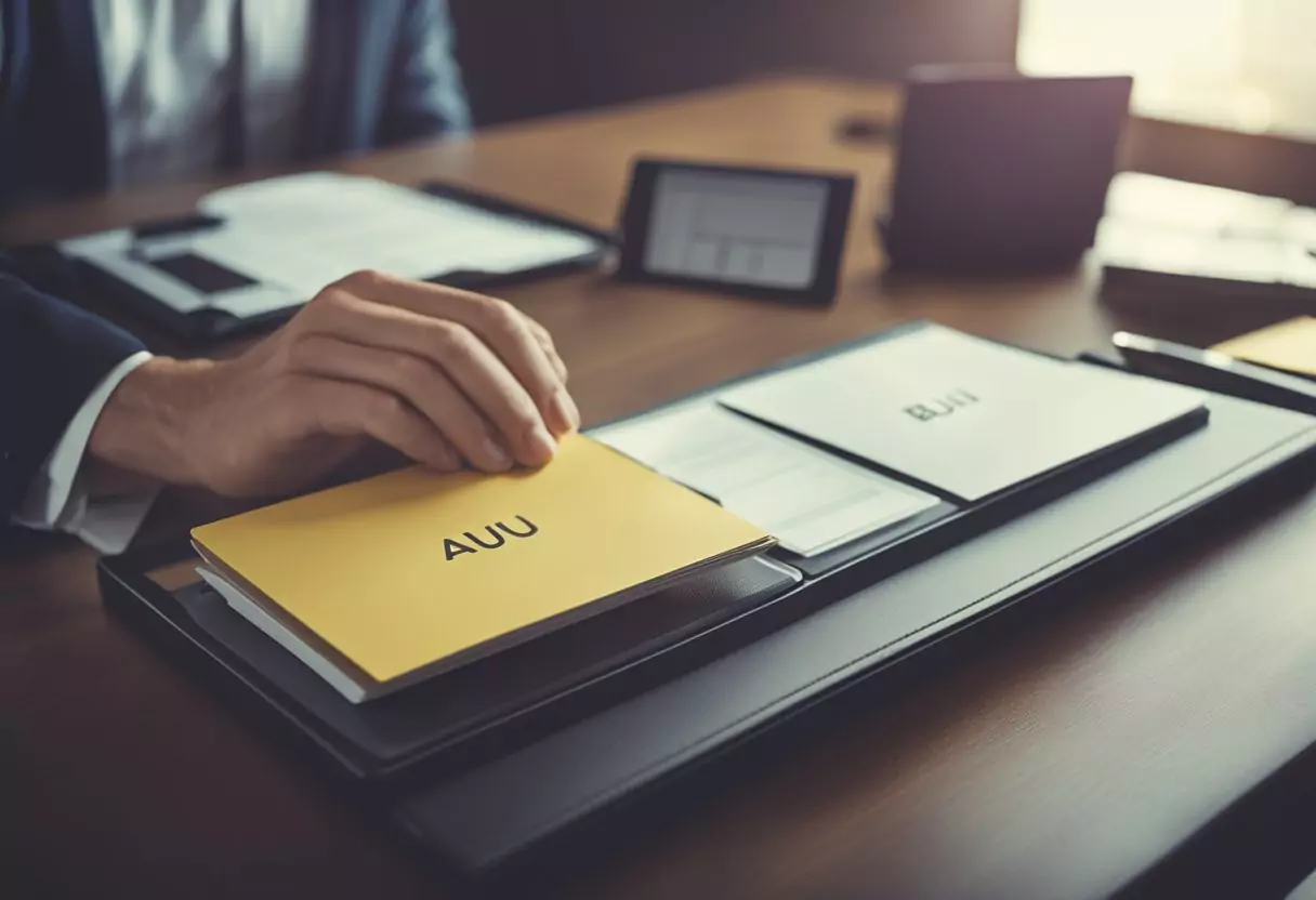 Ein Schreibtisch mit zwei Ordnern, die mit "BU" und "AU" beschriftet sind, und einer Person, die zwischen den beiden Optionen nachdenkt.