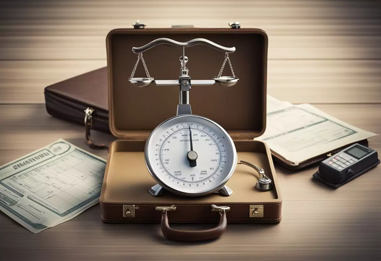 Eine Person wiegt eine Waage mit einem Koffer auf der einen Seite und einem medizinischen Attest auf der anderen Seite.