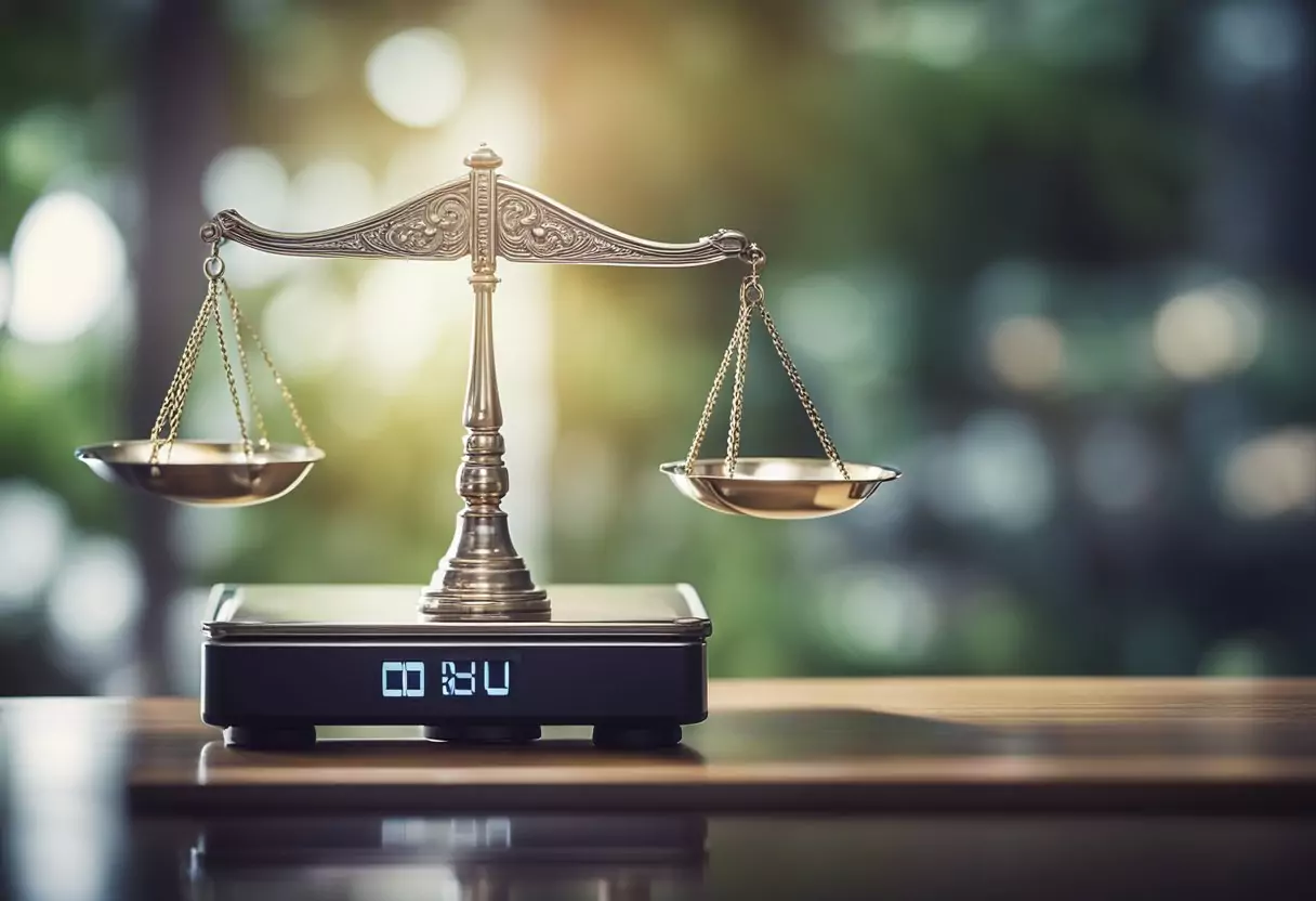 Eine Waage mit einem "BU"- und "AU"-Symbol auf gegenüberliegenden Seiten