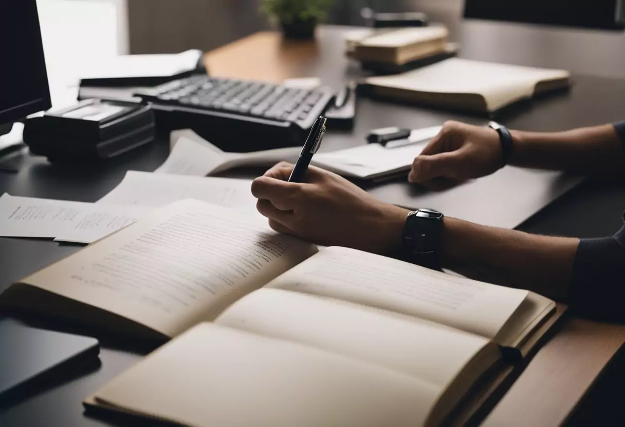 Ein Schreibtisch mit einem Computer, offenen Büchern und einem Stapel Papiere. Eine Person mit einem Stift macht sich Notizen.