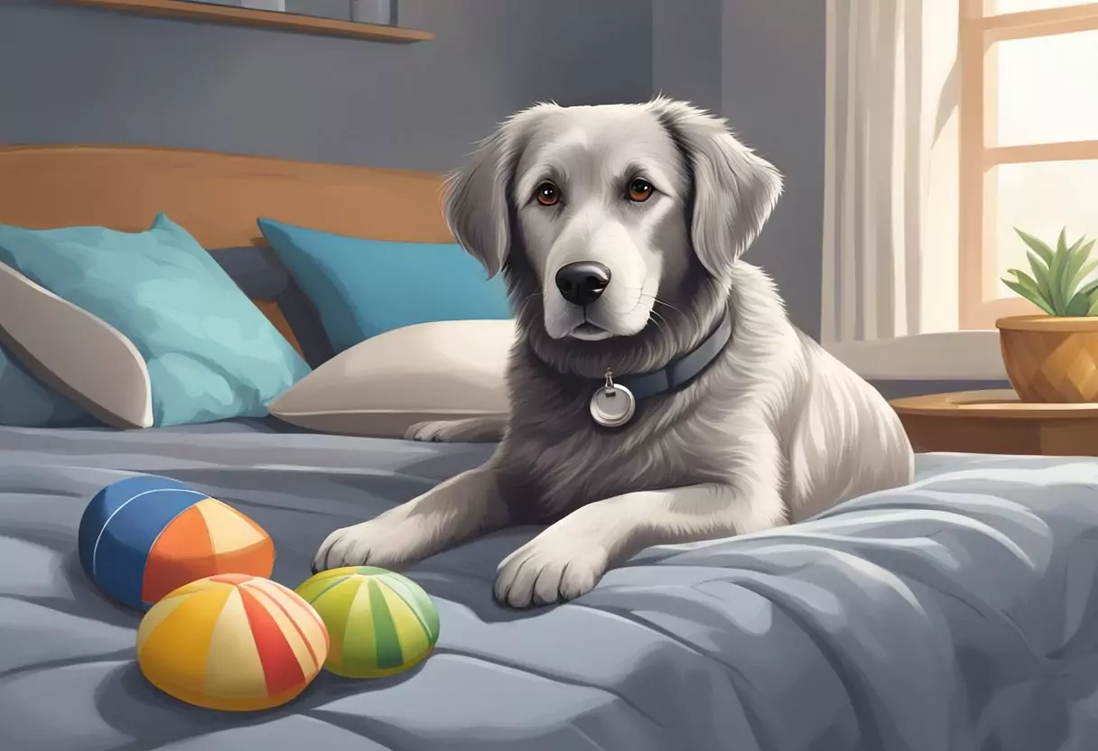 Ein älterer Hund mit grauem Fell sieht zufrieden aus, während er auf einem bequemen Bett liegt, umgeben von seinen Lieblingsspielzeugen und einer Schüssel Wasser.