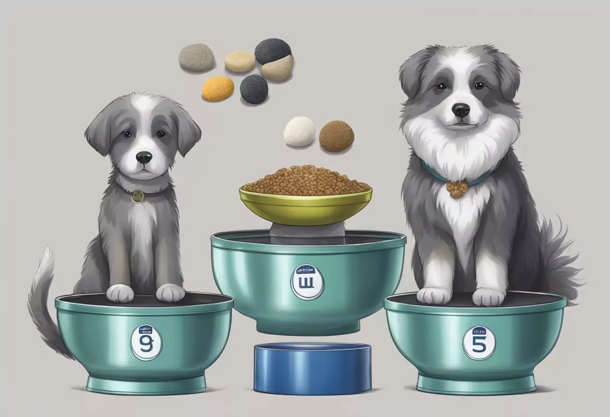 Ein älterer Hund mit grauem Fell sitzt zwischen zwei Hundenäpfen, die mit "Uelzener" und "Allianz" beschriftet sind, während eine Waage zugunsten des Uelzener Napfes kippt.