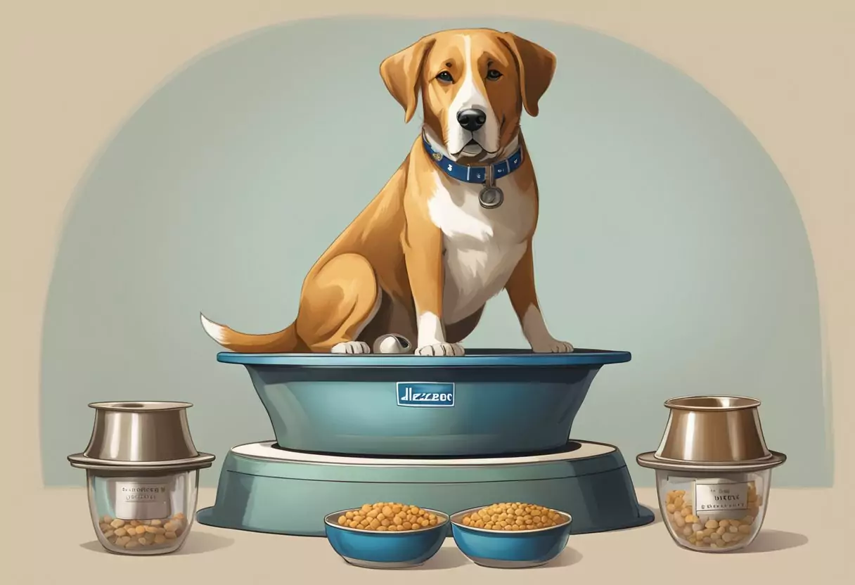 Ein älterer Hund sitzt zwischen zwei Futterschalen, eine mit der Aufschrift "Uelzener" und die andere mit "Allianz", während eine Waage mit einem "besser"-Pfeil darüber schwebt.