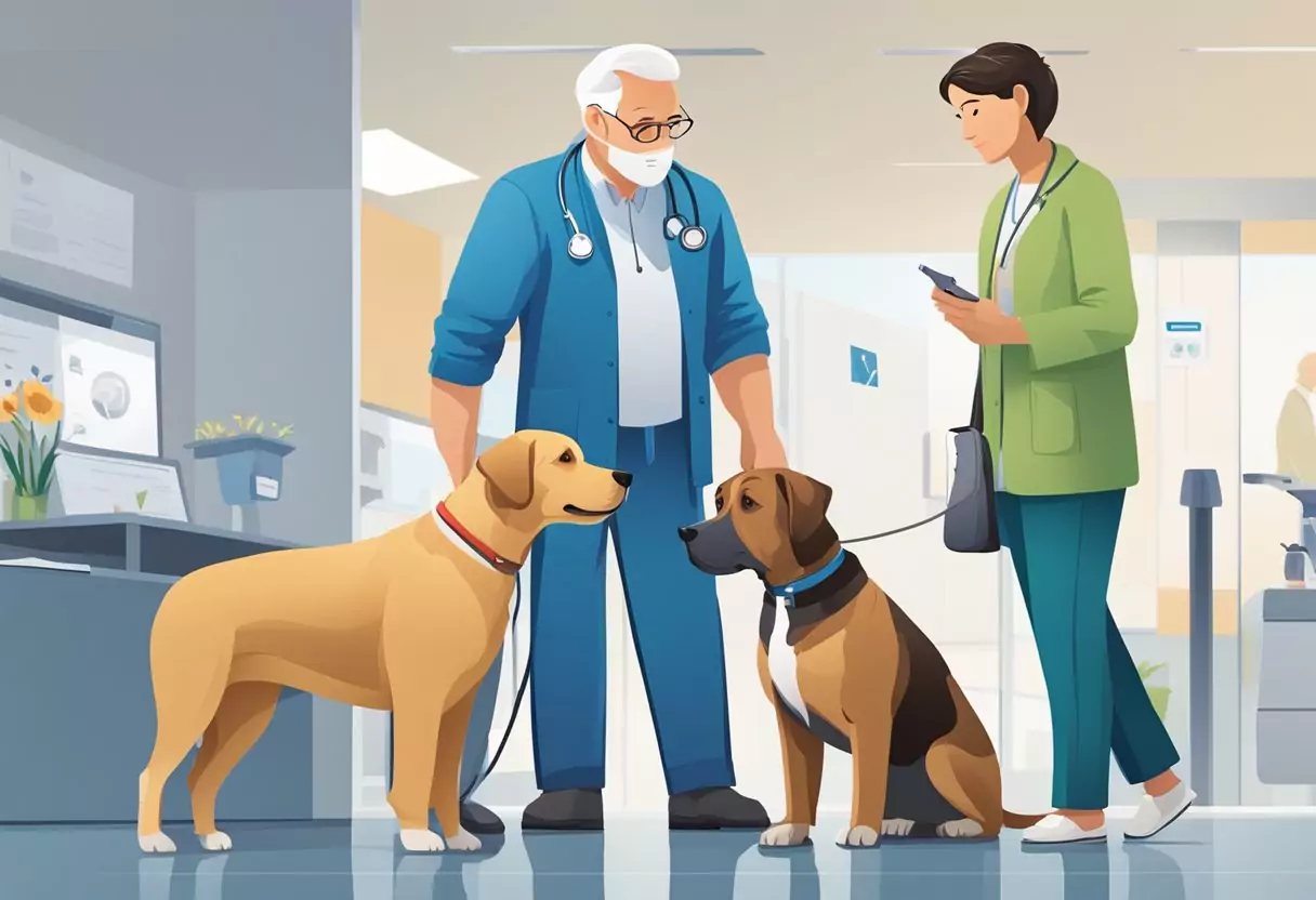 Zwei Hunde, einer älter und einer jünger, stehen nebeneinander. Der ältere Hund wird von einem Tierarzt untersucht, während der jüngere Hund zuschaut. Die Logos von Uelzener und Allianz sind im Hintergrund sichtbar.