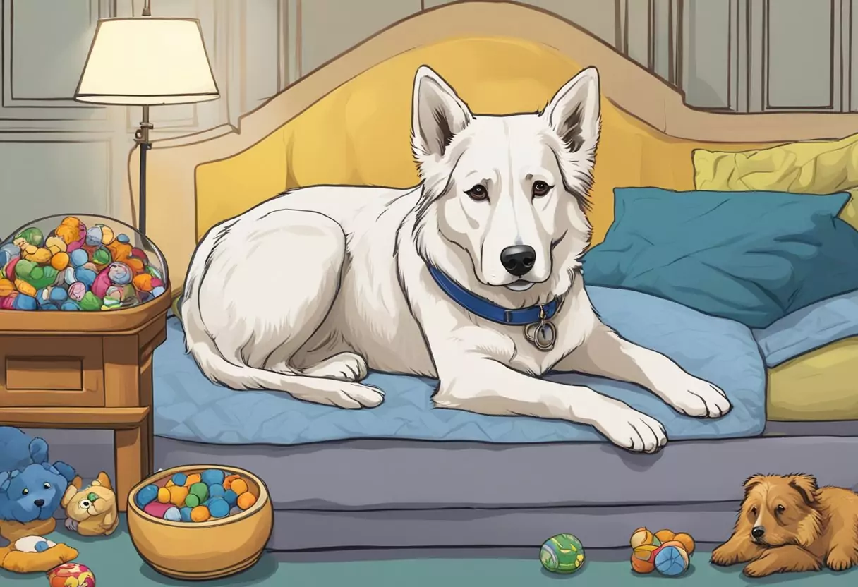 Ein ruhiger älterer Hund mit einem grauen Schnauze ruht sich bequem auf einem plüschigen Bett aus, umgeben von Spielzeug und einer Wasserschüssel. Die Logos von Uelzener und Allianz sind dezent im Hintergrund zu sehen.