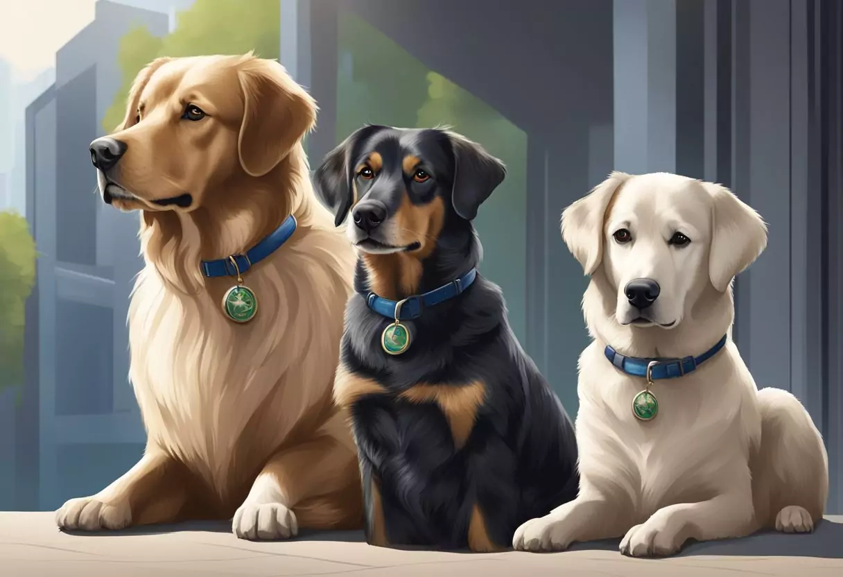 Zwei Hunde, ein älterer und ein jüngerer, sitzen nebeneinander. Der ältere Hund sieht zufrieden aus, während der jüngere eifrig aussieht. Die Logos von Uelzener und Allianz sind im Hintergrund deutlich sichtbar.