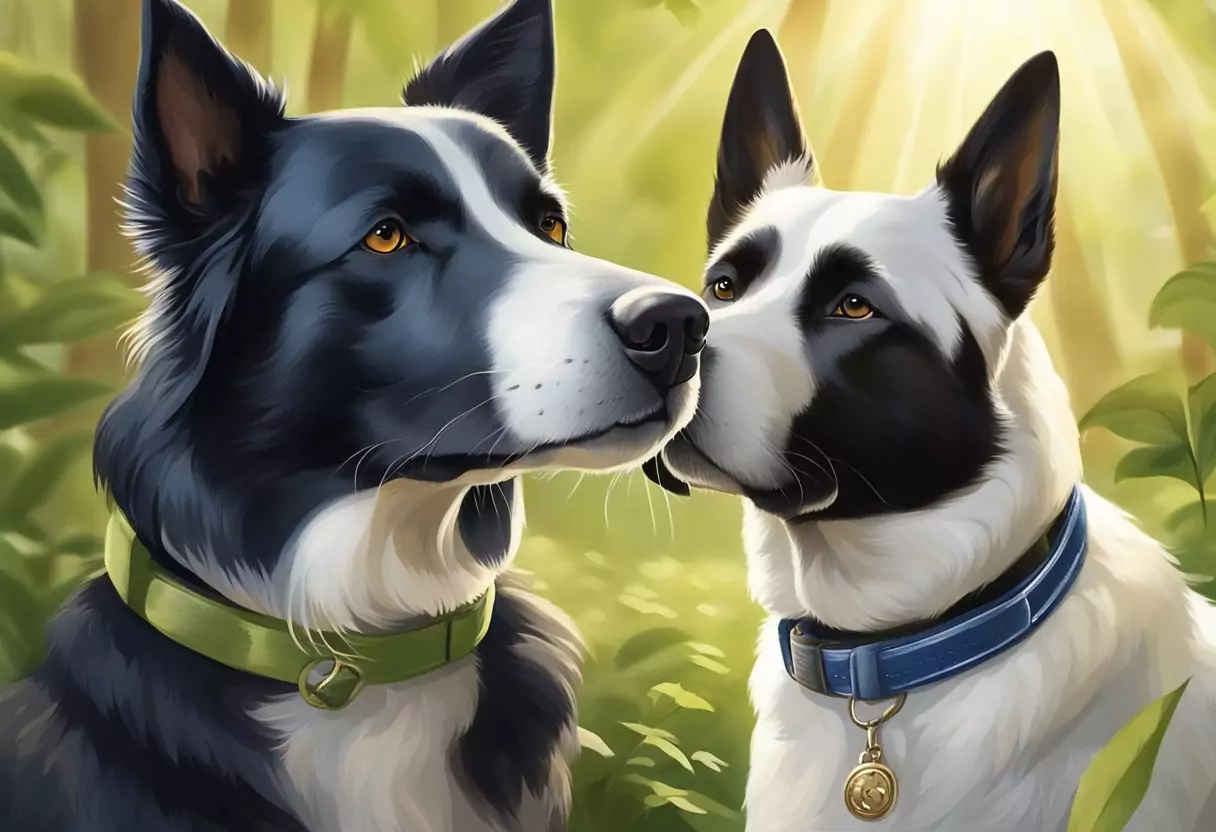 Zwei ältere Hunde nebeneinander, einer mit einem Uelzener Halsband und der andere mit einem Allianz Halsband. Die Hunde befinden sich in einer friedlichen Umgebung, umgeben von Grün und Sonnenlicht.