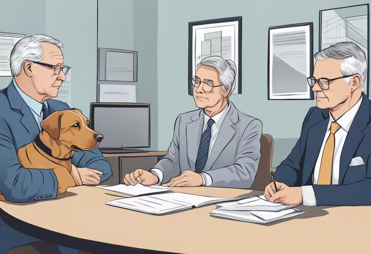 Ein älterer Hund mit einem grauen Fang sitzt ruhig, während zwei Versicherungsagenten ihre Policen präsentieren, jeweils mit ihren entsprechenden Logos im Hintergrund.