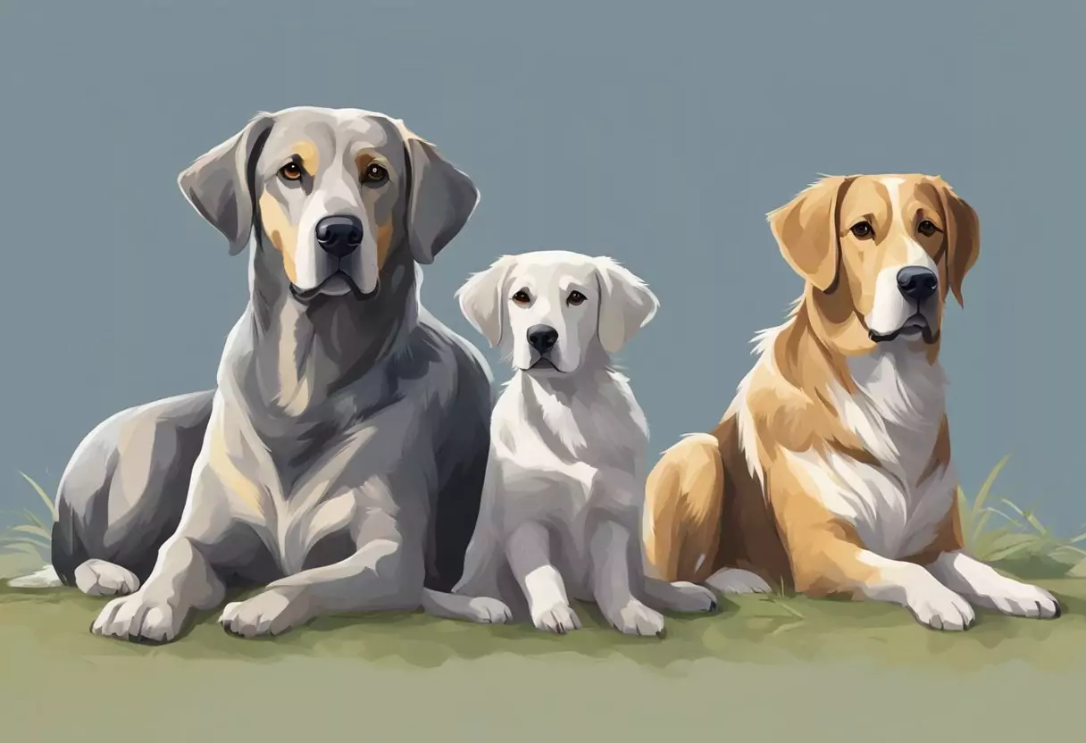Zwei Hunde, einer älter und einer jünger, sitzen nebeneinander. Der ältere Hund hat eine graue Schnauze und einen ruhigen Ausdruck, während der jüngere Hund wachsam und aufmerksam aussieht.