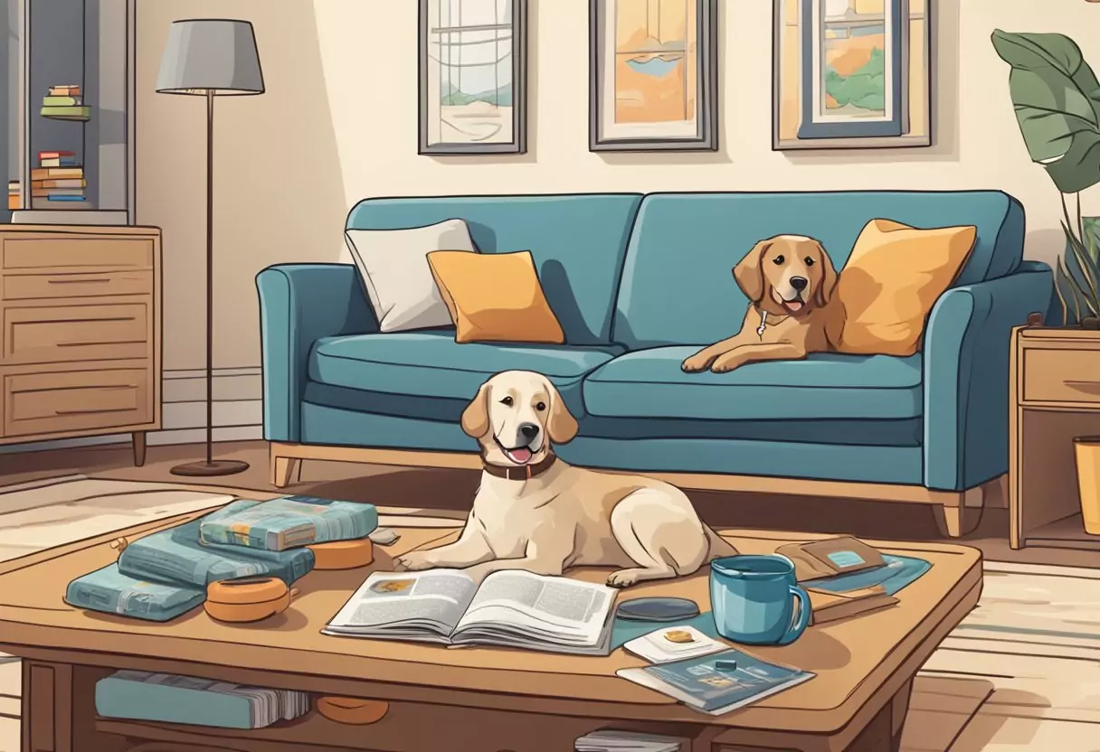 Ein gemütliches Wohnzimmer mit einem älteren Hund, der auf einem bequemen Bett ruht, umgeben von Spielzeug und einer Schüssel Wasser. Zwei Versicherungsbroschüren liegen auf dem Couchtisch.
