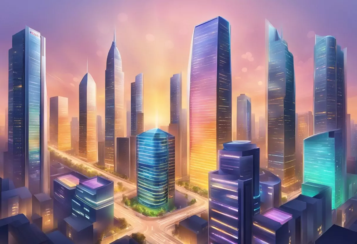 Eine lebendige, moderne Stadtlandschaft mit drei hoch aufragenden Gebäuden, die Ottonova, Allianz und ARAG repräsentieren, jedes leuchtend mit innovativen Merkmalen und Vorteilen.