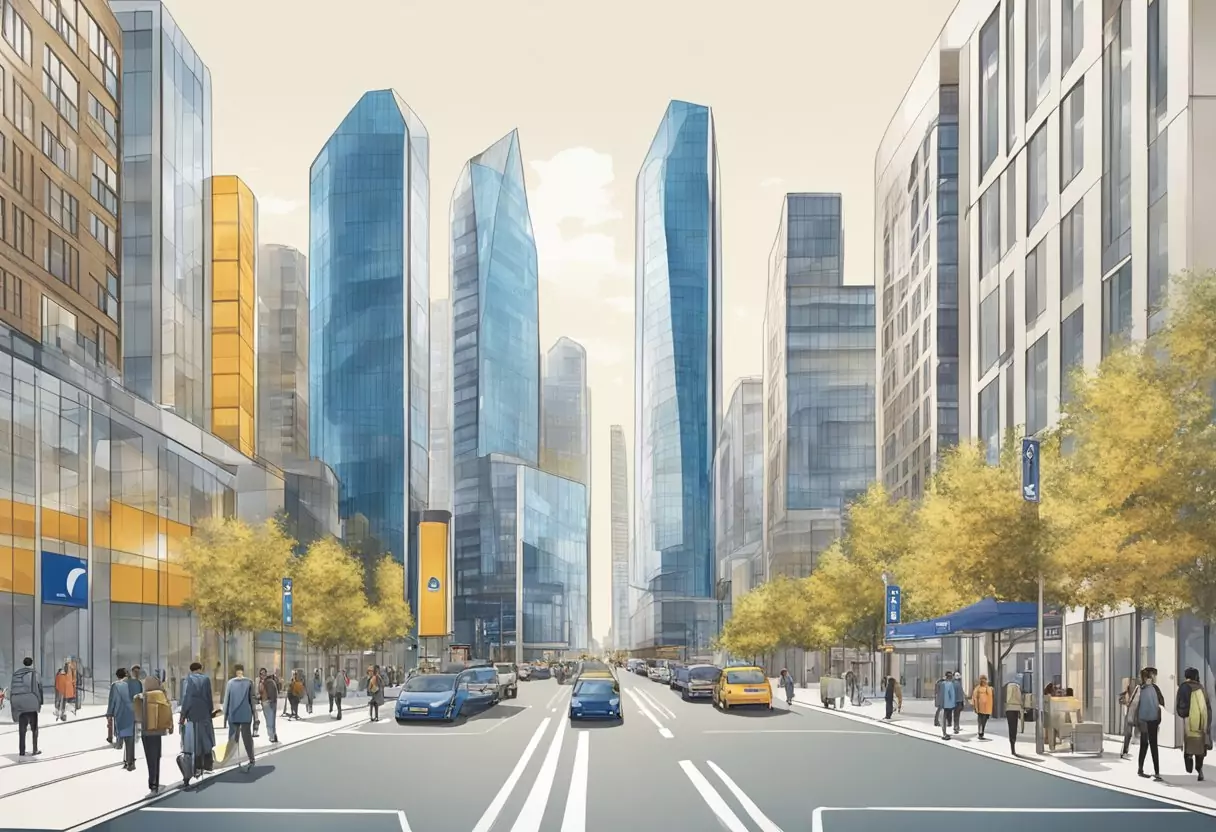 Eine belebte Stadtstraße mit drei hochragenden Gebäuden, die Ottonova, Allianz und ARAG repräsentieren. Jedes Gebäude ist mit den jeweiligen Logos geschmückt und konkurriert um die Aufmerksamkeit der vorbeigehenden Passanten.