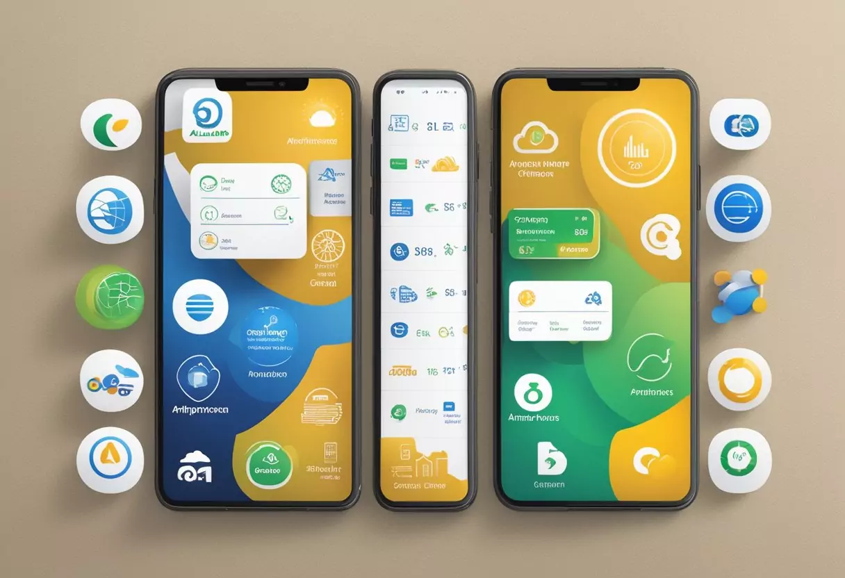 Ein Vergleich digitaler Funktionen: Ottonova, Allianz und ARAG-Logos, die auf Smartphone-Bildschirmen mit verschiedenen App-Funktionen und -Symbolen angezeigt werden.