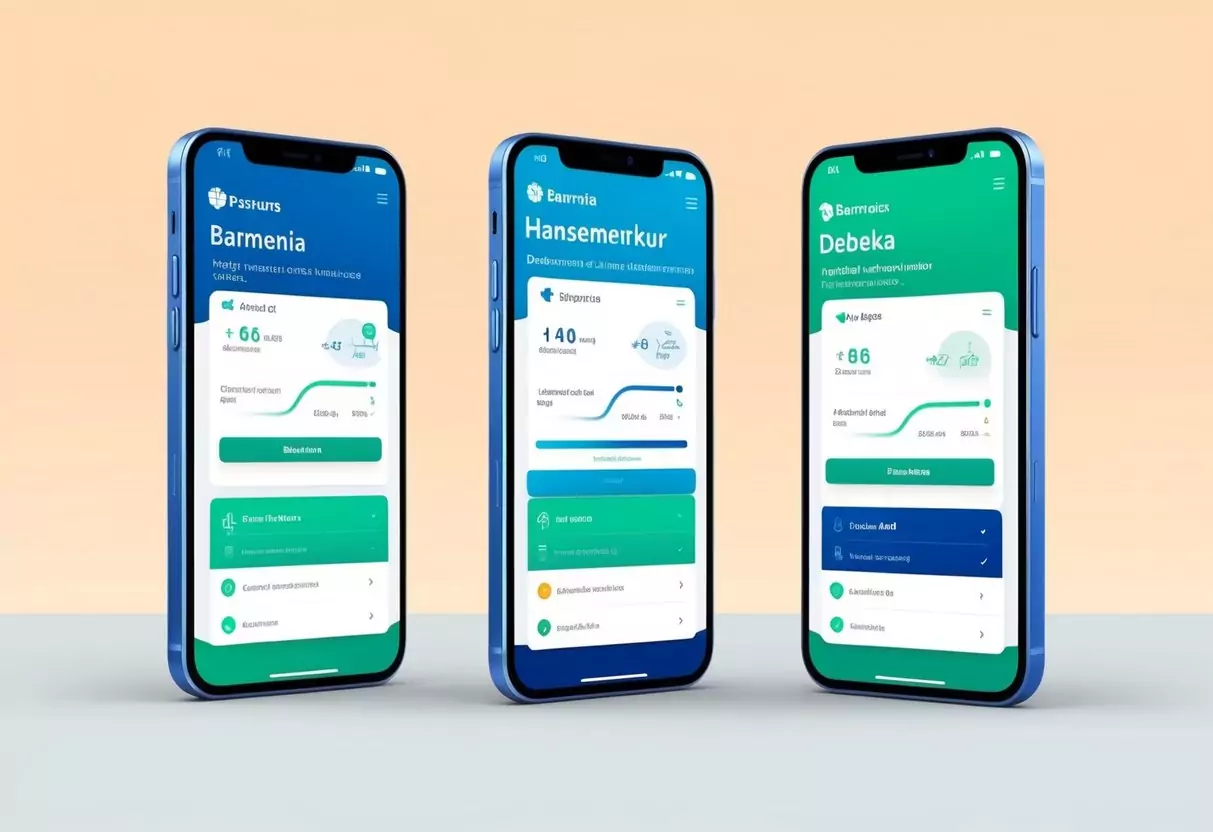 Drei Smartphones, die die Apps von Barmenia, HanseMerkur und Debeka mit Vergleichstabellen und Funktionen für die private Krankenversicherung für Beamte anzeigen.
