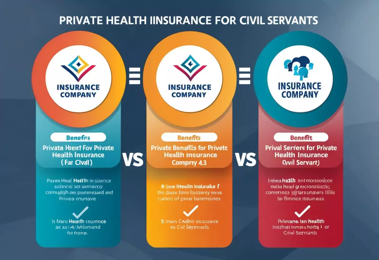 Drei Logos von Versicherungsgesellschaften nebeneinander mit einem Vergleichsdiagramm, das die Vorteile der privaten Krankenversicherung für Beamte zeigt.