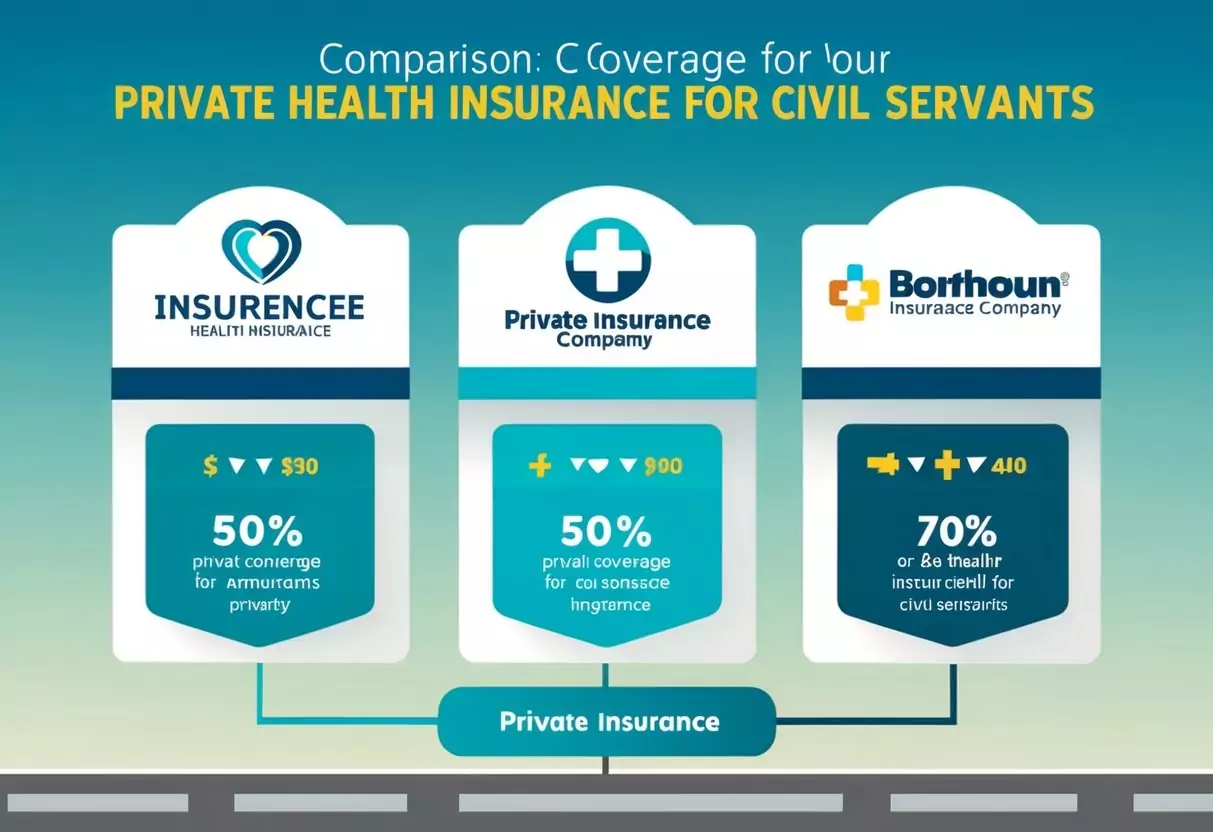 Drei Logos von Versicherungsunternehmen nebeneinander mit einem Diagramm, das die Deckung der privaten Krankenversicherung für Beamte vergleicht