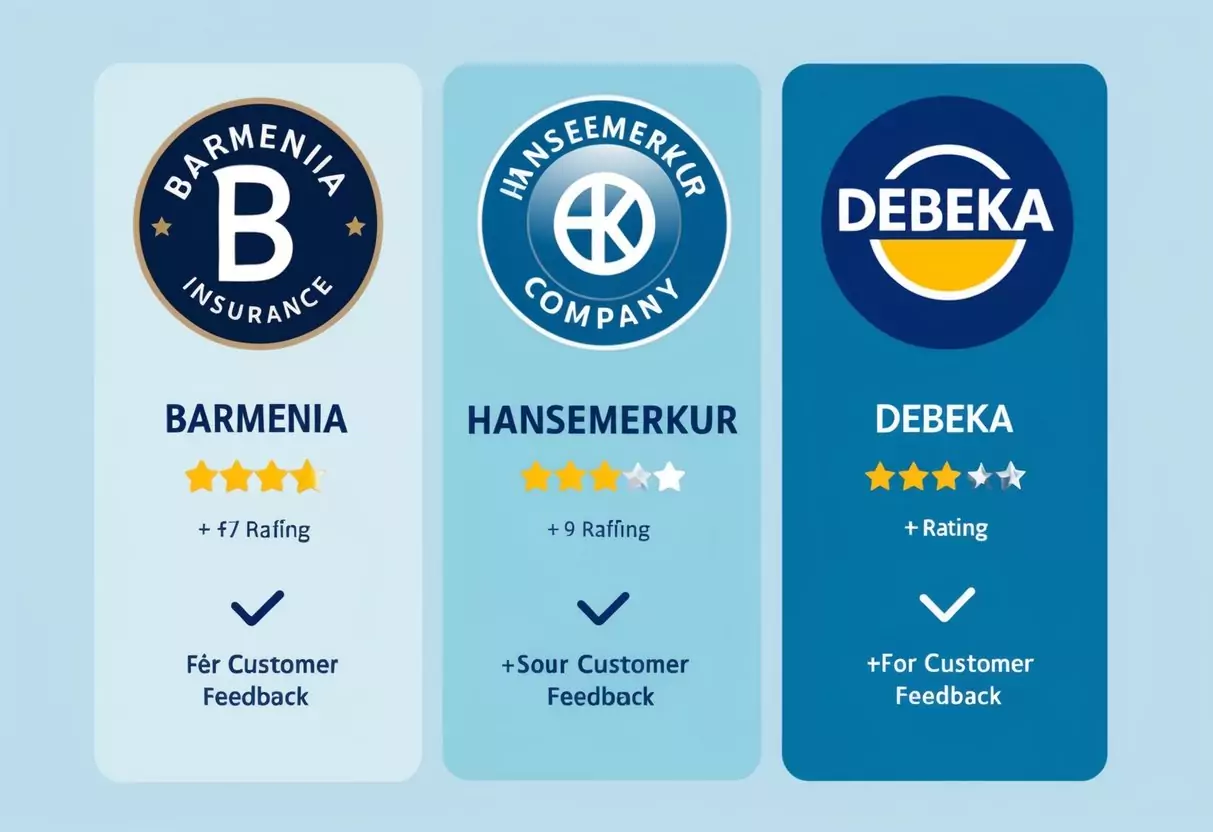 Drei Logos von Versicherungsunternehmen auf einem Vergleichsdiagramm angezeigt. Barmenia, HanseMerkur und Debeka. Jedes Logo ist mit einer Sternebewertung und Kundenfeedback versehen.
