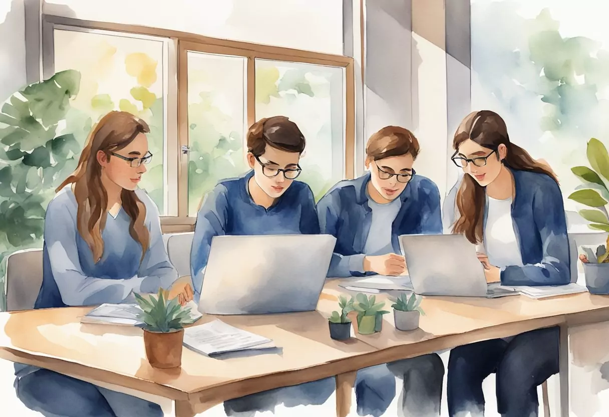 Eine Gruppe von Studenten vergleicht die Optionen der privaten Krankenversicherung von Ottonova, DKV und AXA. Sie sitzen an einem Tisch mit Laptops und Unterlagen, diskutieren und analysieren die Vorteile jedes Plans.