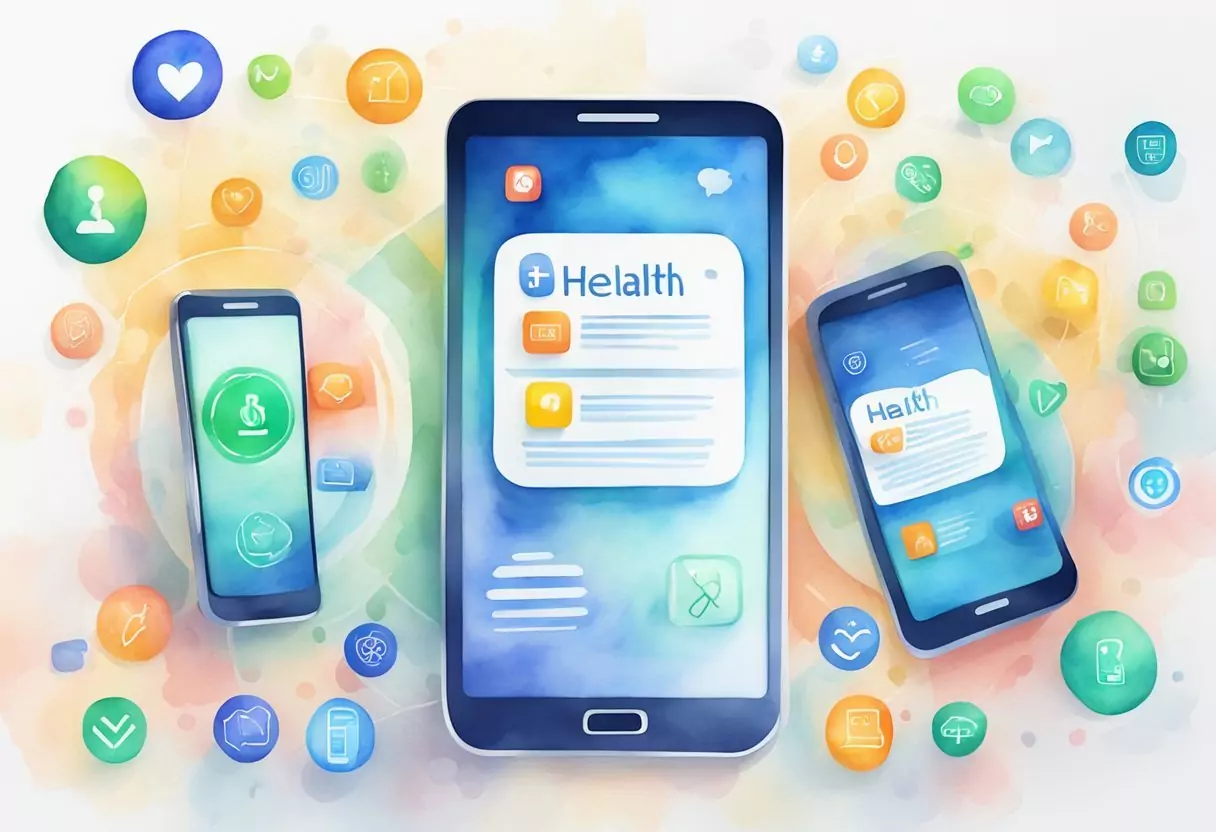 Drei Smartphones, die verschiedene Krankenversicherungs-Apps anzeigen, umgeben von Symbolen, die verschiedene digitale Dienste und App-Funktionen repräsentieren.