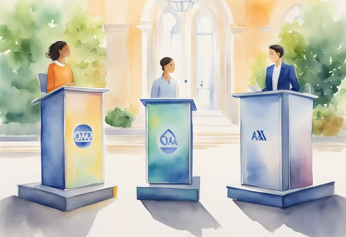 Drei Podien mit den Logos von Ottonova, DKV und AXA. Eine Gruppe von Studenten vergleicht und diskutiert private Krankenversicherungsoptionen.
