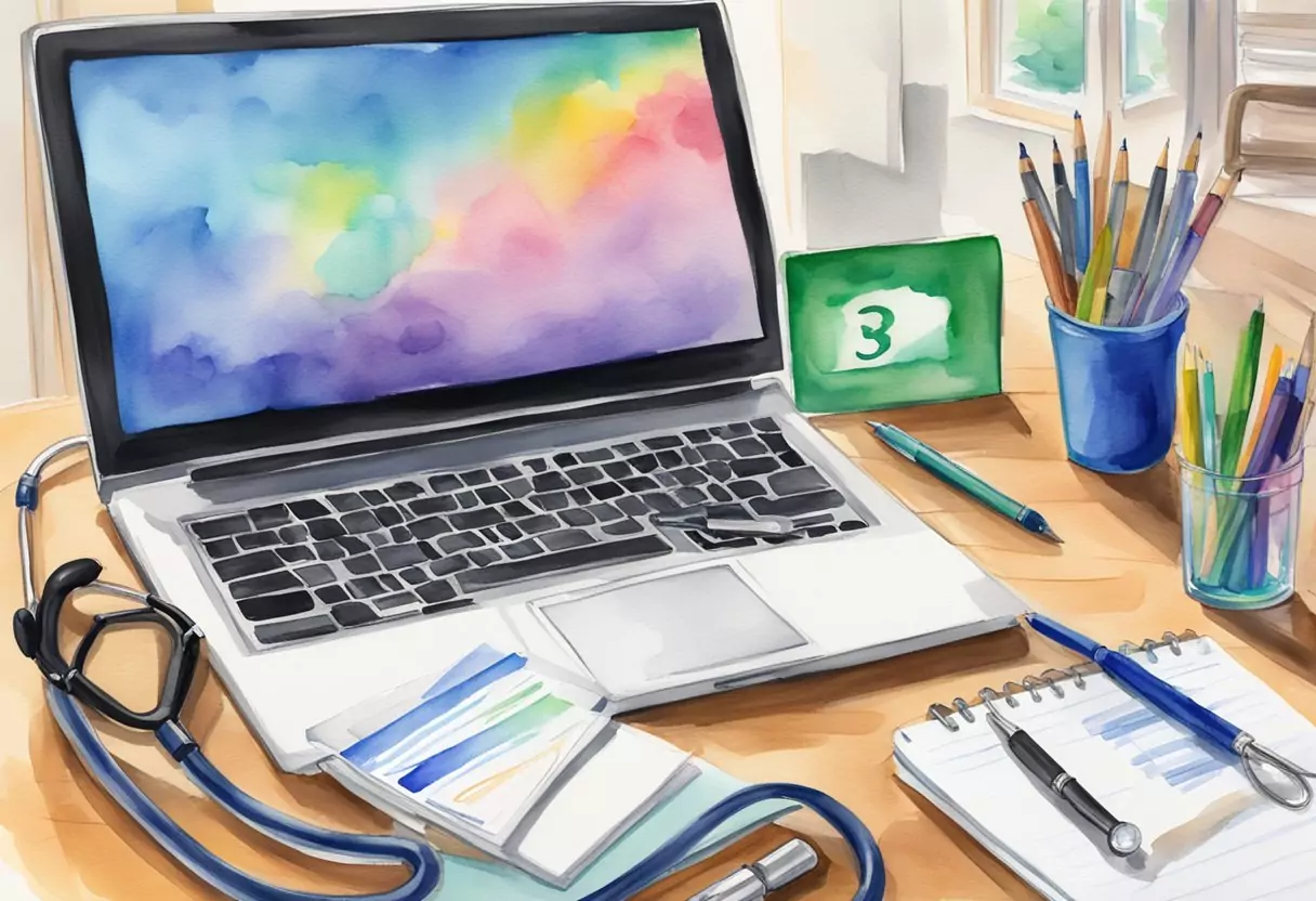 Drei Versicherungslogos werden auf einem Laptop-Bildschirm angezeigt, umgeben von offenen Notizbüchern und Stiften. Auch ein Studentenausweis und ein Stethoskop sind auf dem Tisch sichtbar.