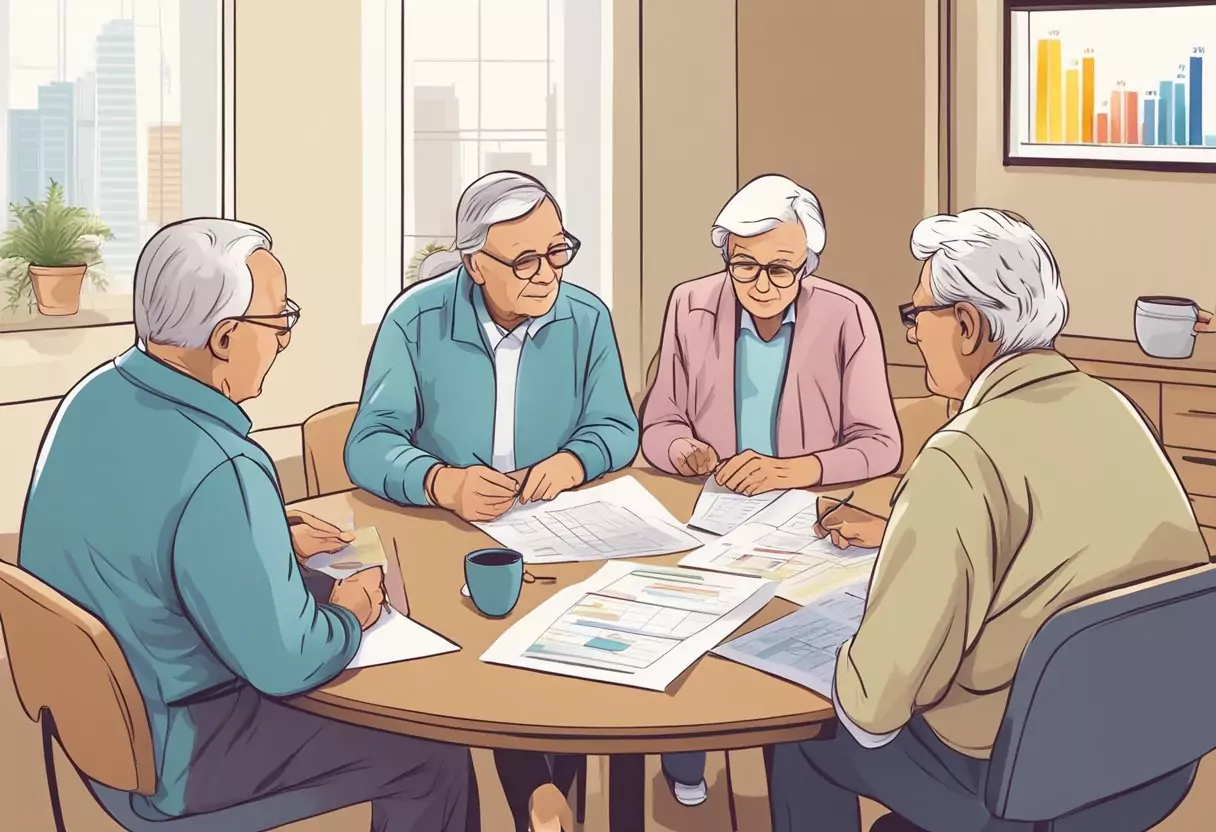 Eine Gruppe älterer Personen, die verschiedene private Krankenversicherungsoptionen vergleicht und diskutiert, mit Diagrammen und Grafiken, die auf einem Tisch angezeigt werden.