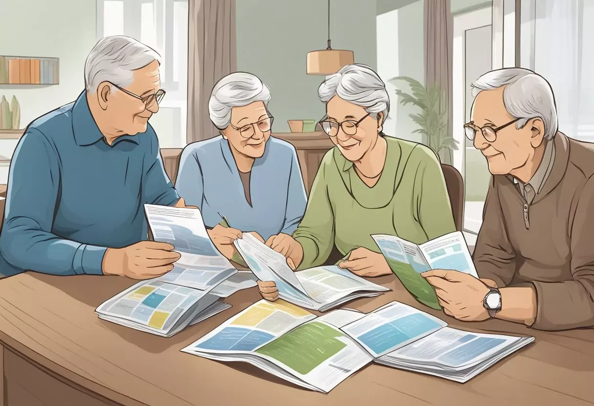 Eine Gruppe älterer Personen vergleicht Versicherungsbroschüren von Barmenia, Signal Iduna und Generali, während sie die besten Vorteile für Rentner diskutieren.