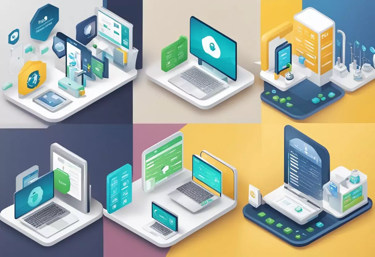 Ein Vergleich der digitalen Dienstleistungen und App-Funktionen der privaten Krankenversicherungsunternehmen Halleche, HUK und LVM, mit dem Logo jedes Unternehmens deutlich sichtbar.