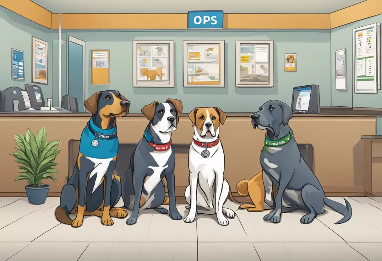 Drei Hunde sitzen in einem Wartezimmer beim Tierarzt, jeder mit einem anderen Versicherungslogo an seinem Halsband. Ein Schild darüber liest "OP-Versicherung für Hunde."
