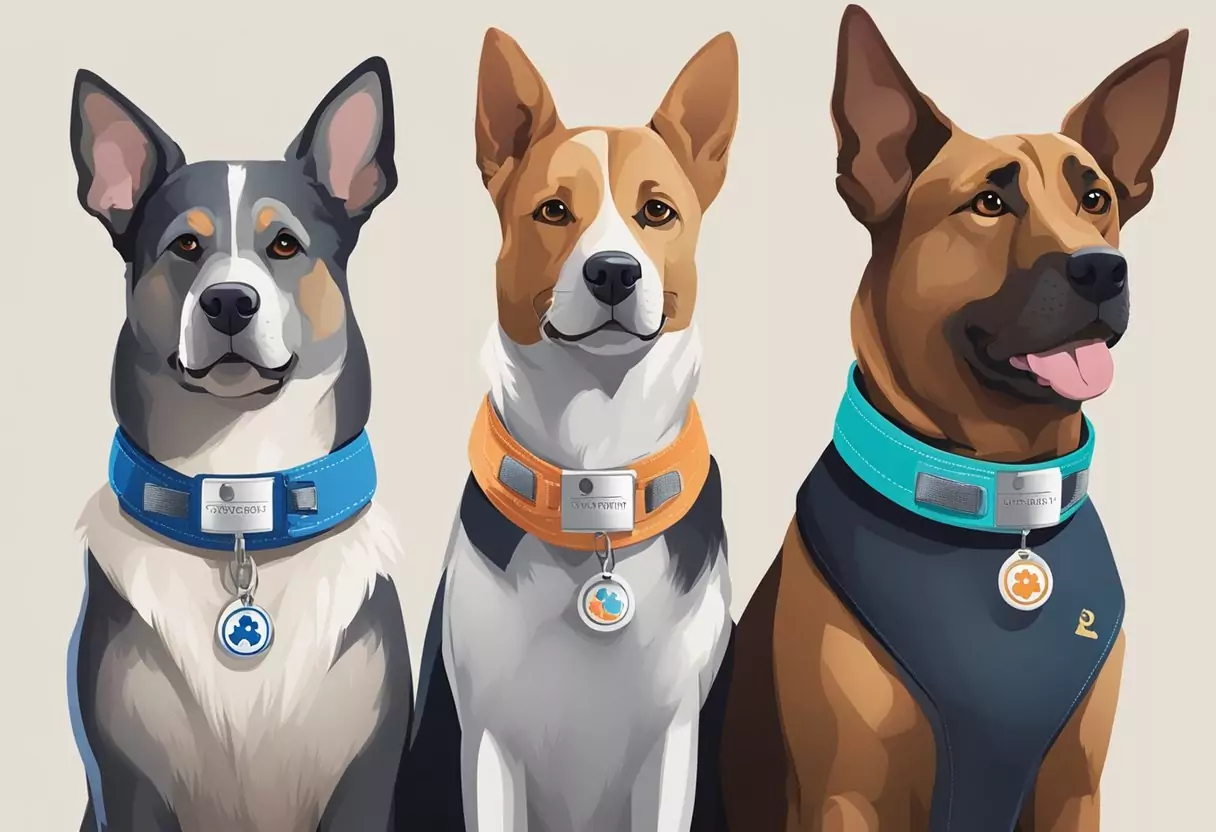 Drei Hunde mit unterschiedlich gefärbten Halsbändern sitzen nebeneinander, jeder mit einem anderen Versicherungslogo an seinem Halsbandanhänger. Eine Tierarztpraxis ist im Hintergrund sichtbar.