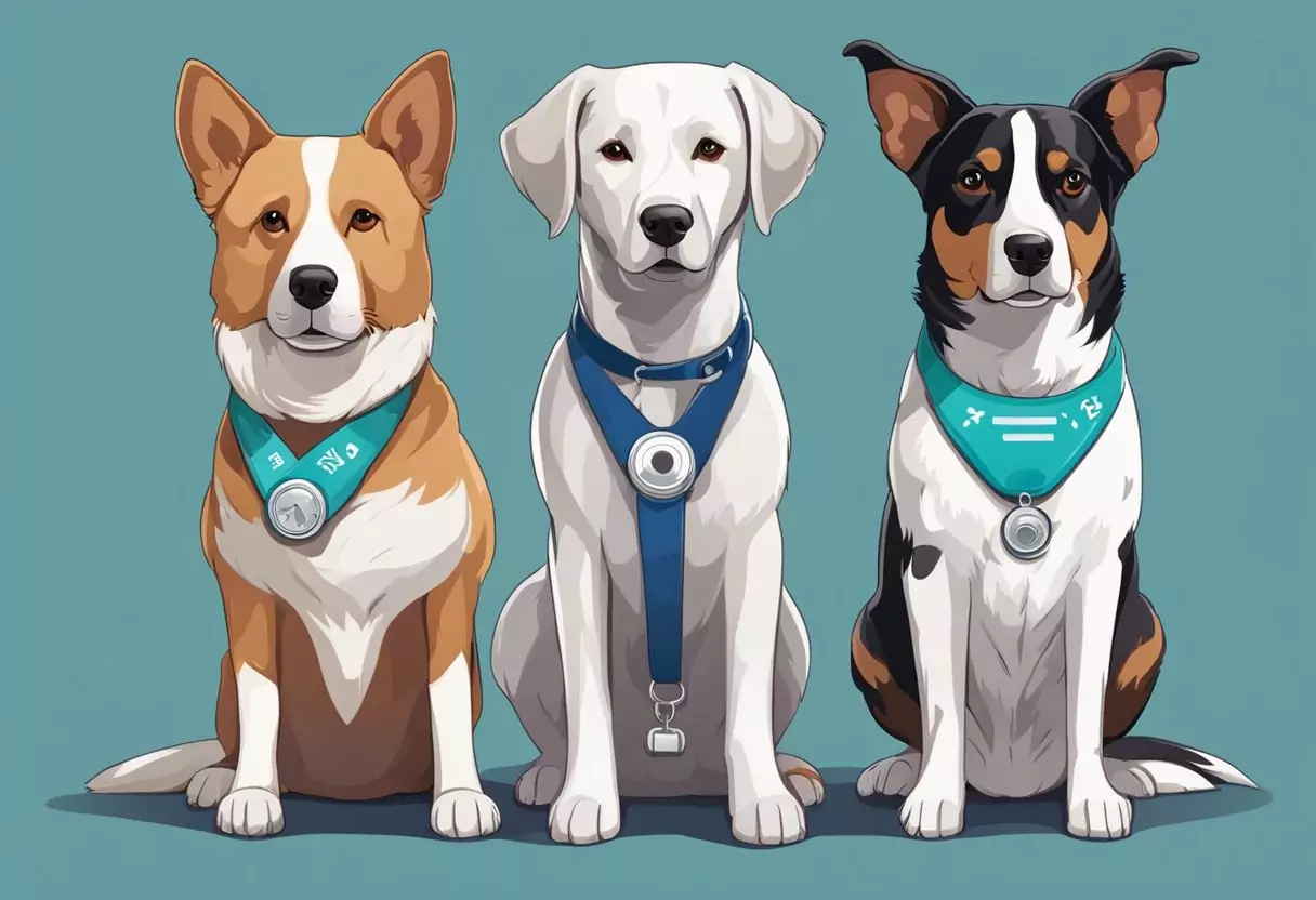 Drei Hunde verschiedener Rassen stehen nebeneinander, jeder trägt eine andere Versicherungskarte um den Hals. Im Hintergrund ist eine Tierarztpraxis mit chirurgischen Geräten zu sehen.