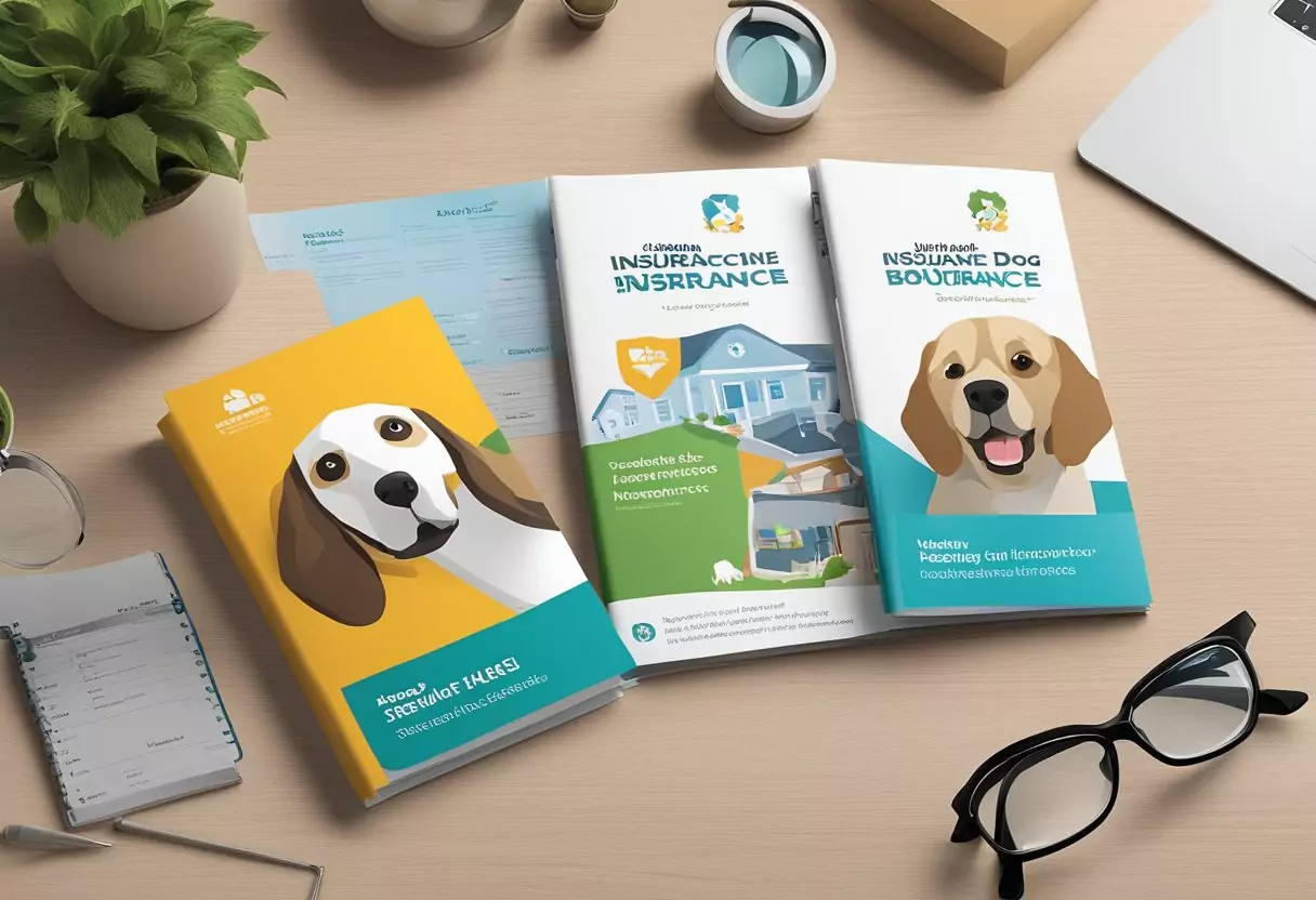 Drei Hundeversicherungsbroschüren liegen auf einem Tisch, jede mit unterschiedlichen Logos und Designs. Eine Lupe schwebt über den Details und hebt die Unterschiede hervor.