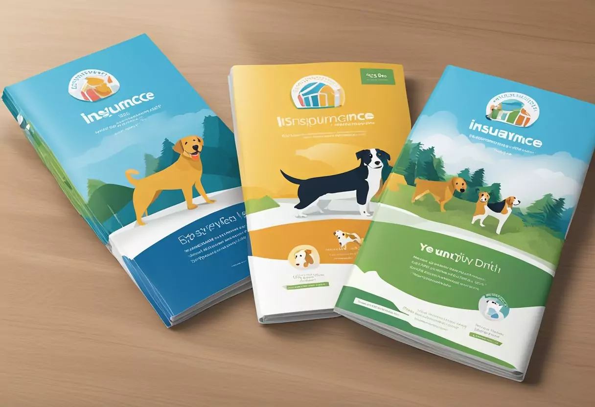 Drei Hundeversicherungsbroschüren nebeneinander auf einem Tisch ausgelegt, jede mit einem anderen Unternehmenslogo und bunten Bildern von glücklichen, gesunden Hunden.