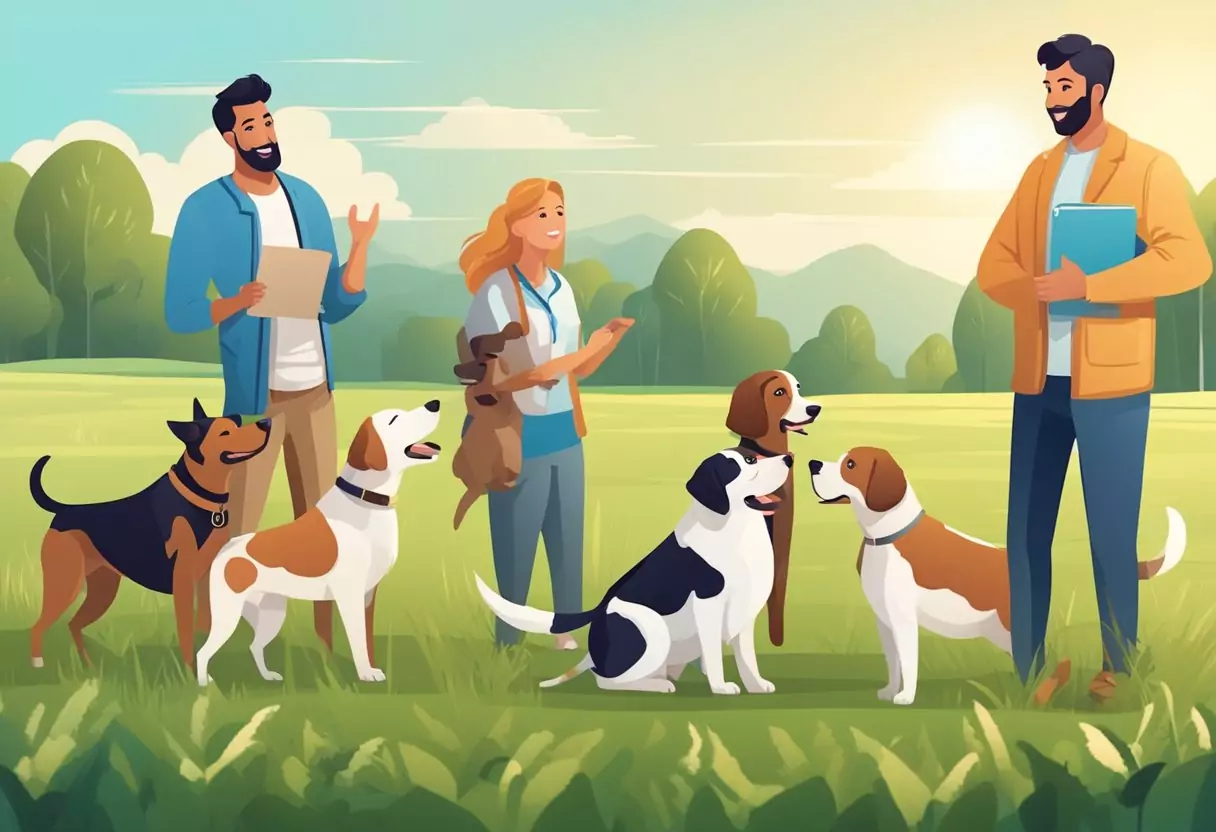 Eine Gruppe von Hunden verschiedener Rassen und Größen spielt auf einem grasbewachsenen Feld, während ein Tierarzt sie untersucht und mit ihren Besitzern verschiedene Haustierversicherungsoptionen bespricht.