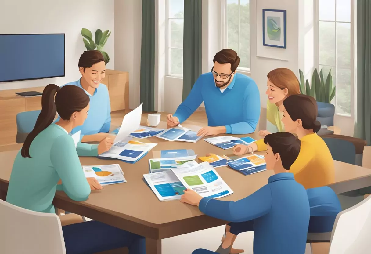 Eine Familie sitzt um einen Tisch und vergleicht Broschüren von Debeka, AXA und Allianz. Das Logo jedes Unternehmens ist auf den Broschüren deutlich sichtbar.