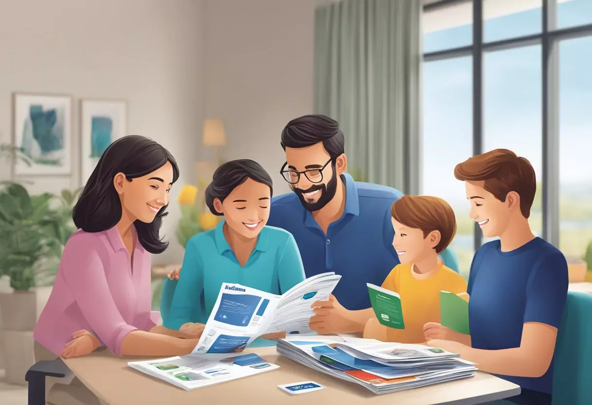 Eine Familie sitzt an einem Tisch und vergleicht Broschüren von Debeka, AXA und Allianz. Das Logo jedes Unternehmens ist auf dem Cover der Broschüren deutlich sichtbar.
