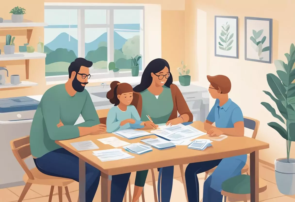 Eine Familie mit vier Personen sitzt an einem Küchentisch, umgeben von Unterlagen von Debeka, AXA und Allianz. Sie vergleichen die Leistungen und den Versicherungsschutz für die Krankenversicherung ihrer Kinder.
