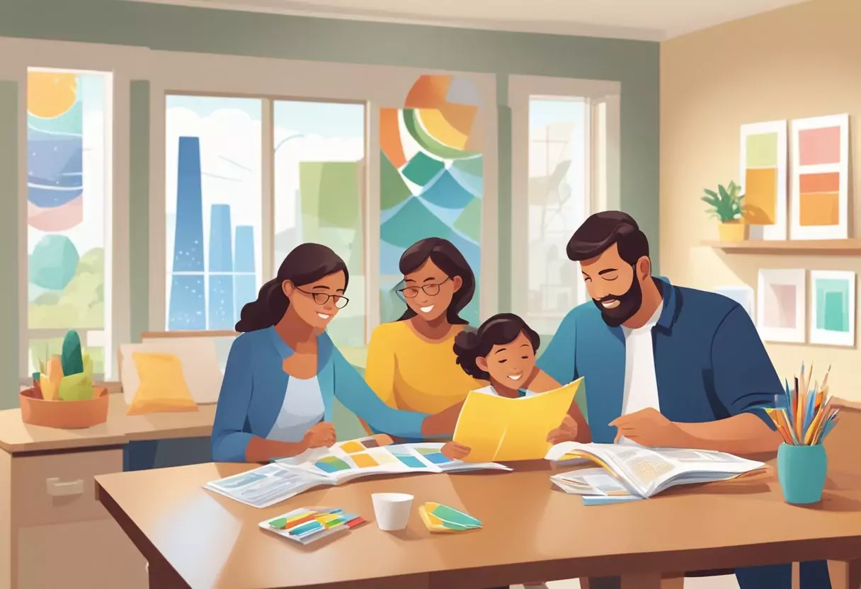 Eine Familie mit vier Personen sitzt an einem Tisch und vergleicht Versicherungsbroschüren, umgeben von bunten Diagrammen und Grafiken. Die Eltern diskutieren über Optionen, während die Kinder im Hintergrund spielen.