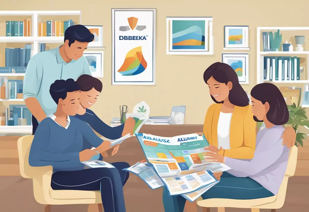 Eine Familie vergleicht drei Versicherungsbroschüren, die jeweils mit den Logos von Debeka, AXA und Allianz versehen sind.